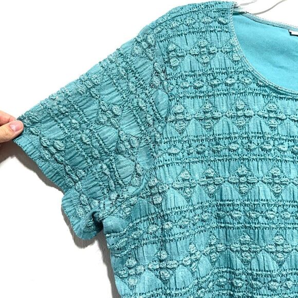 East 5th Teal Blue Textured Blouse Top Short Sleeves Stretch Womens Plus sz 3X - Picture 3 of 5